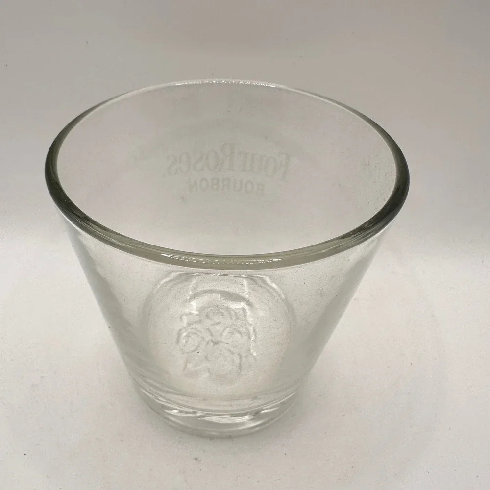 VTG Four Roses Bourbon Rocks Glass Clear Etched Logo Embossed Rose Base Barware